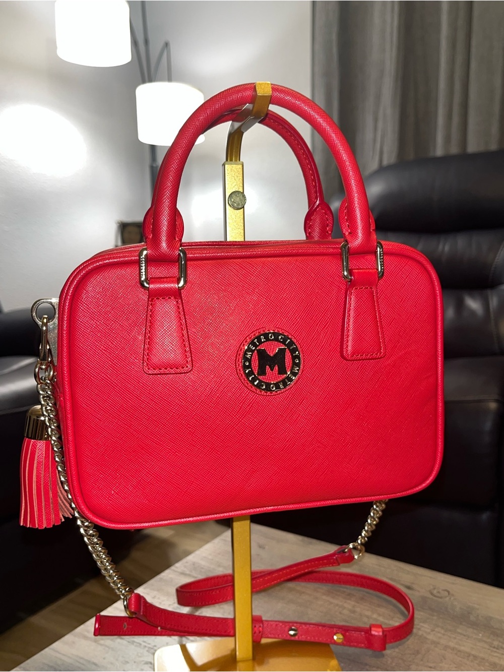 Red Metrocity Saffiano Leather Satchel with Gold Chain Strap